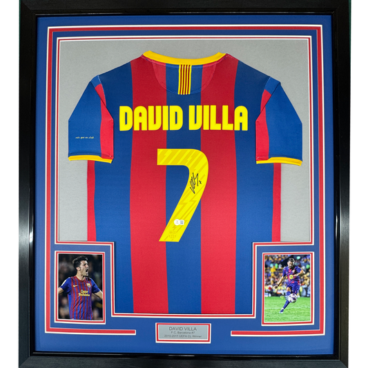 Framed Autographed/Signed David Villa 35x39 FC Barcelona Blue Soccer Jersey Beckett BAS COA
