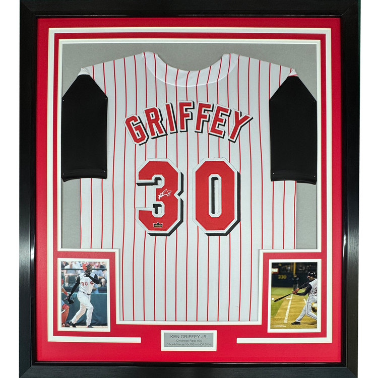 Framed Facsimile Autographed Ken Griffey Jr. 35x39 Cincinnati Pinstripe Reprint Laser Auto Baseball Jersey
