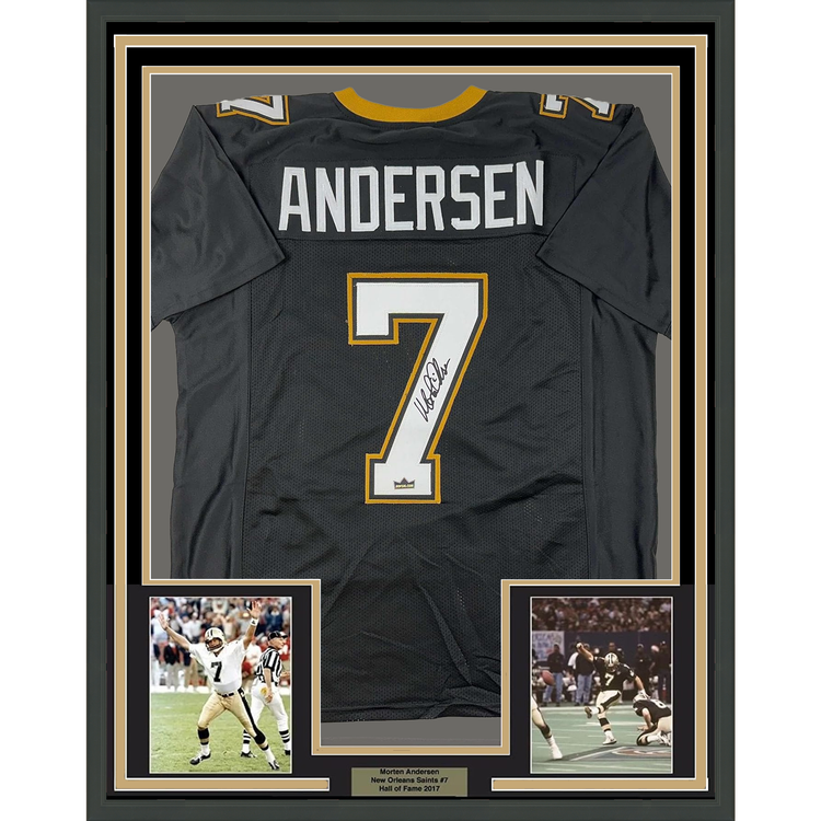 Framed Facsimile Autographed Morten Andersen 35x39 New Orleans Black Reprint Laser Auto Football Jersey