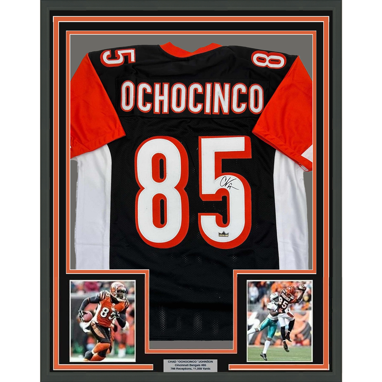 Framed Facsimile Autographed Chad Ochocinco (Johnson) 35x39 Cincinnati Black Reprint Laser Auto Football Jersey