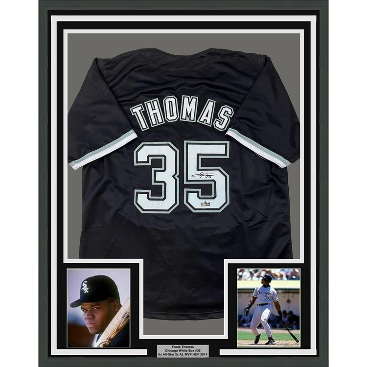 Framed Facsimile Autographed Frank Thomas 35x39 Chicago Black Reprint Laser Auto Baseball Jersey