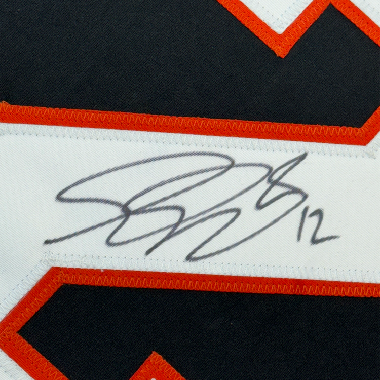 Framed Autographed/Signed Simon Gagne 35x39 Philadelphia Black Hockey Jersey JSA COA