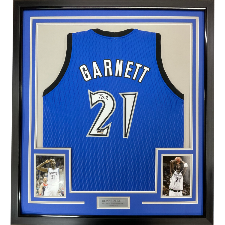 Framed Facsimile Autographed Kevin Garnett 35x39 Minnesota Blue Reprint Laser Auto Basketball Jersey