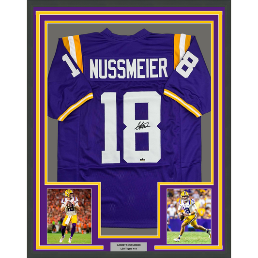 Framed Facsimile Autographed Garrett Nussmeier 35x39 LSU Purple Reprint Laser Auto College Football Jersey