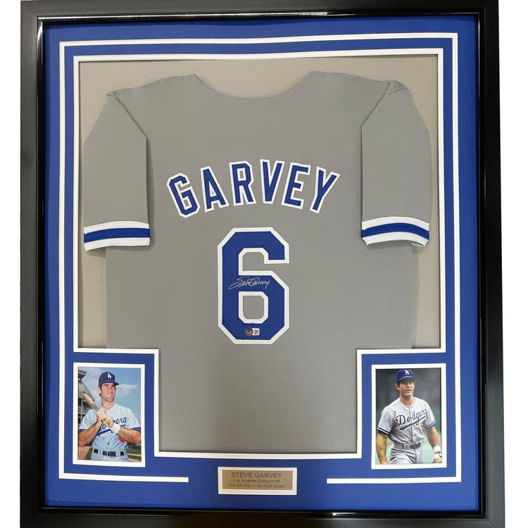 Framed Autographed/Signed Steve Garvey 35x39 Los Angeles LA Grey Baseball Jersey Beckett BAS COA