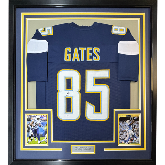 Framed Autographed/Signed Antonio Gates 35x39 Los Angeles LA Dark Blue Football Jersey Beckett BAS COA