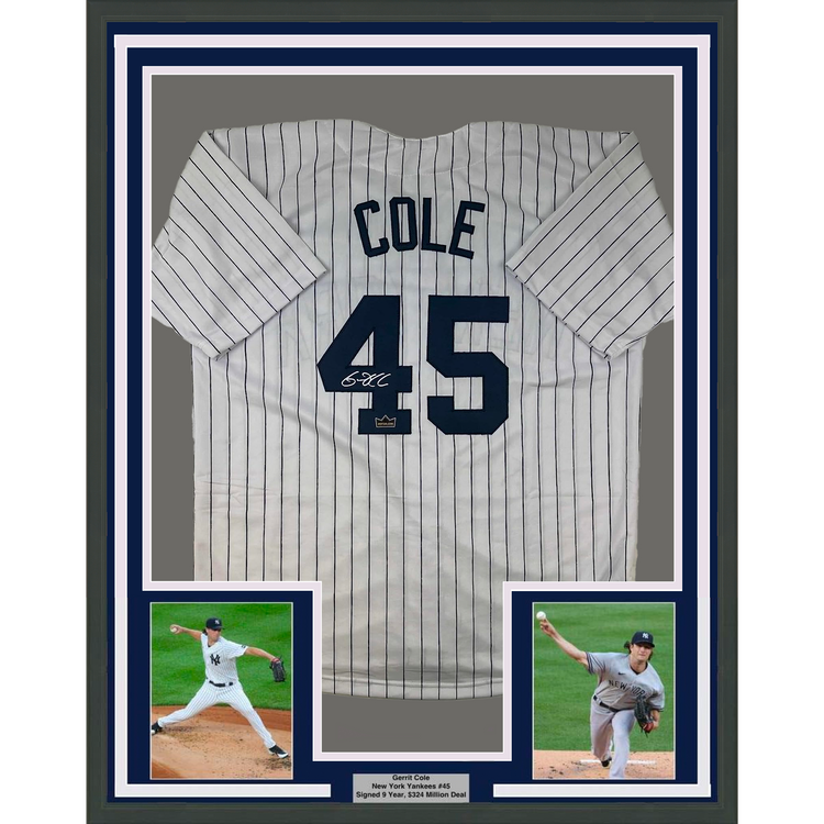 Framed Facsimile Autographed Gerrit Cole 35x39 New York Pinstripe Reprint Laser Auto Baseball Jersey