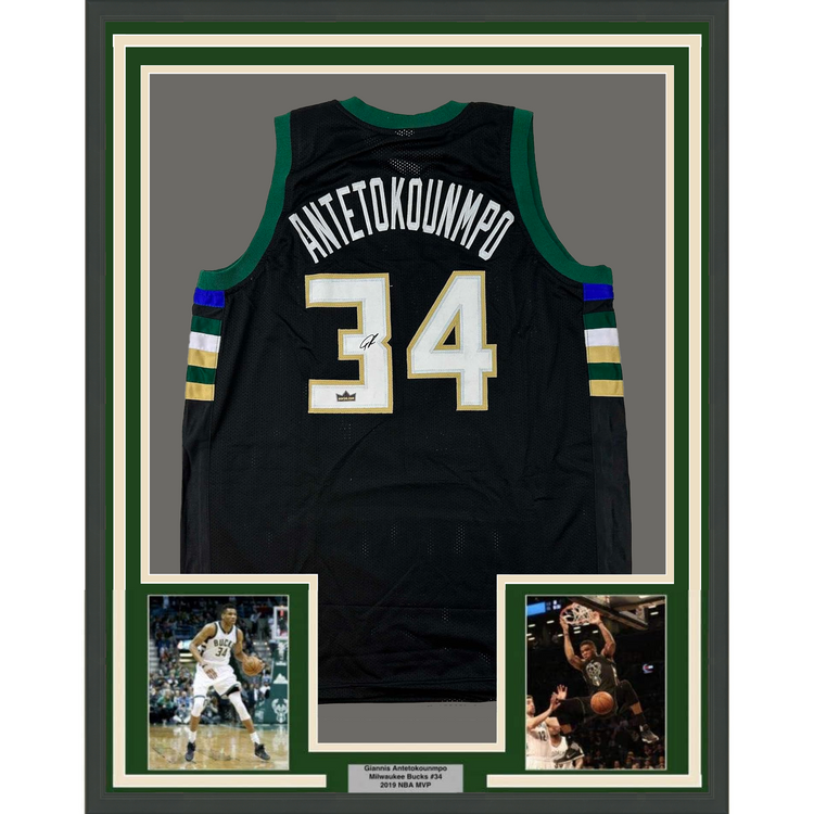 Framed Facsimile Autographed Giannis 35x39 Antetokounmpo Milwaukee Black Reprint Laser Auto Basketball Jersey