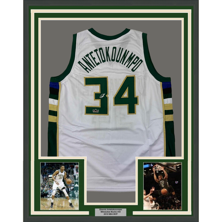 Framed Facsimile Autographed Giannis Antetokounmpo 35x39 Milwaukee White Reprint Laser Auto Basketball Jersey