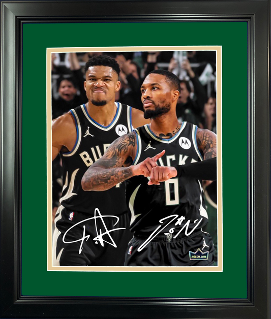Framed Giannis Antetokounmpo & Damian Lillard Milwaukee Bucks Dual Facsimile Laser Engraved Signature Auto 11"x14" Basketball Photo HOFSM Holo