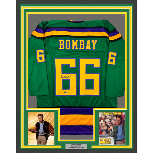 Framed Facsimile Autographed Emilio Estevez Gordon Bombay 35x39 Green Reprint Laser Auto Hockey Jersey