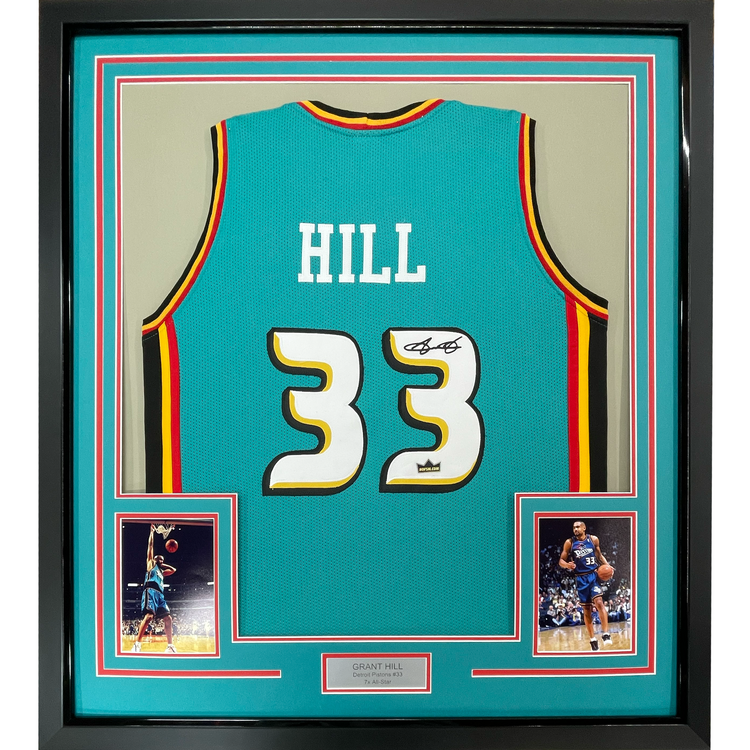 Framed Facsimile Autographed Grant Hill 35x39 Detroit Teal Reprint Laser Auto Basketball Jersey