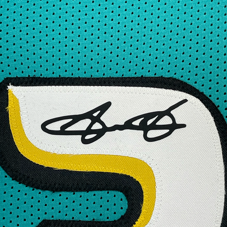 Framed Facsimile Autographed Grant Hill 35x39 Detroit Teal Reprint Laser Auto Basketball Jersey