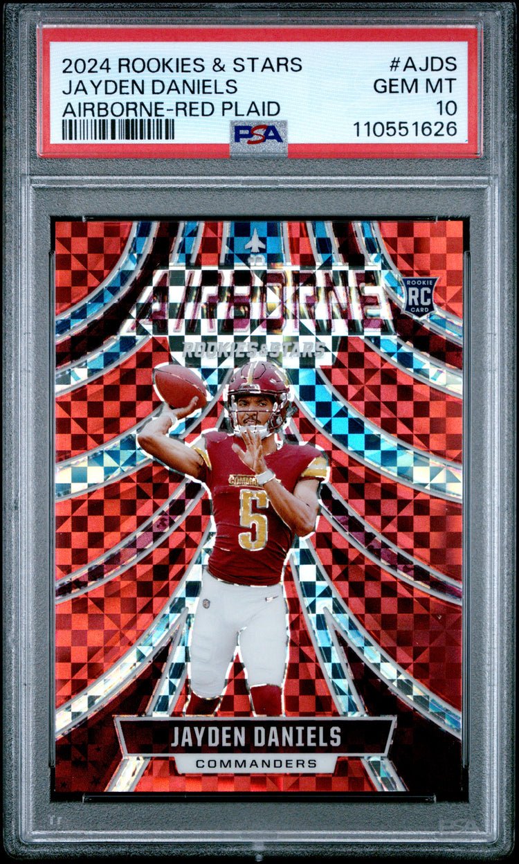 Graded 2024 Panini Rookies & Stars Jayden Daniels #AJDS Airborne Red Plaid Rookie RC Football Card PSA 10 Gem Mint
