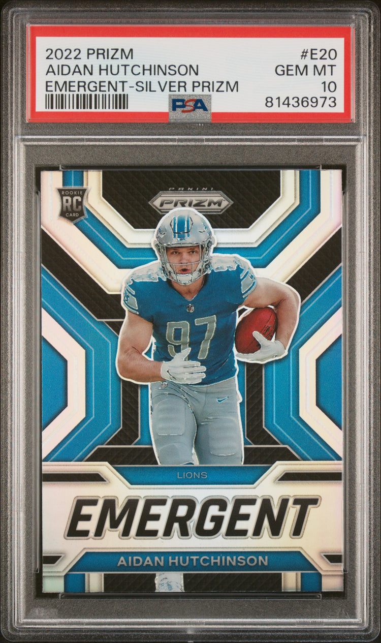 Graded 2022 Panini Prizm Aidan Hutchinson #E20 Emergent Silver Prizm Rookie RC Football Card PSA 10