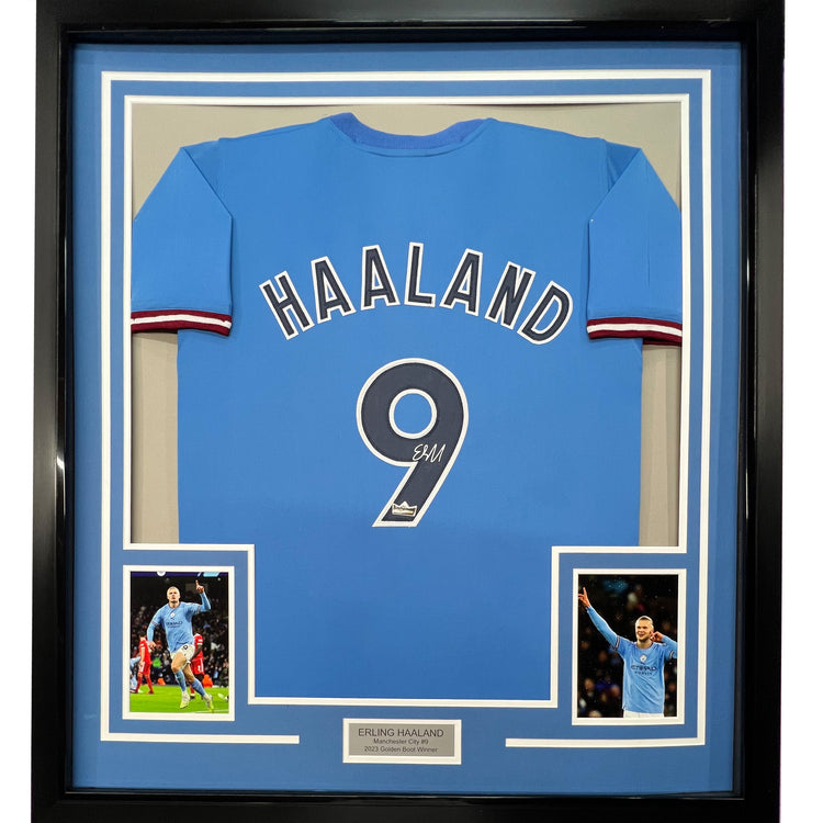 Framed Facsimile Autographed Erling Haaland 35x39 Manchester City Blue Reprint Laser Auto Soccer Jersey