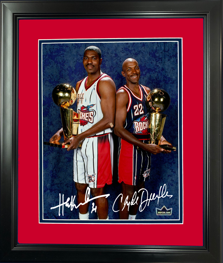 Framed Hakeem Olajuwon & Clyde Drexler Dual Facsimile Laser Engraved Signature Auto 11"x14" Basketball Photo HOFSM Holo