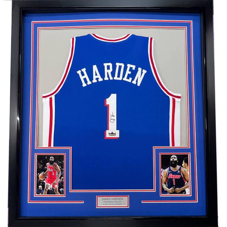 Framed Facsimile Autographed James Harden 35x39 Philadelphia Blue Reprint Laser Auto Basketball Jersey