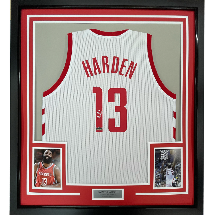 Framed Facsimile Autographed James Harden 35x39 Houston White Reprint Laser Auto Basketball Jersey