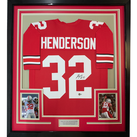 Framed Autographed/Signed TreVeyon Henderson 35x39 Ohio State Red College Football Jersey Beckett BAS COA