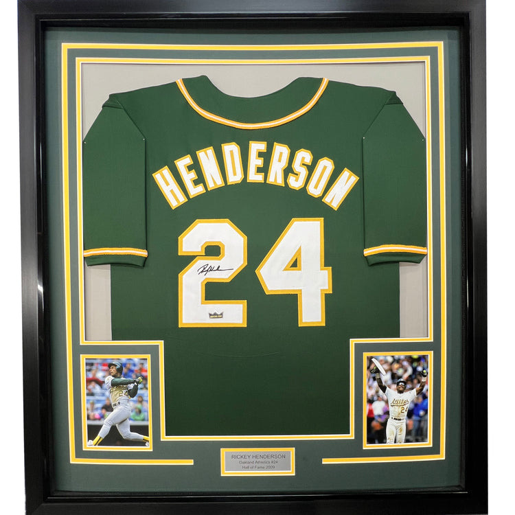 Framed Facsimile Autographed Rickey Henderson 35x39 Oakland Green Reprint Laser Auto Baseball Jersey