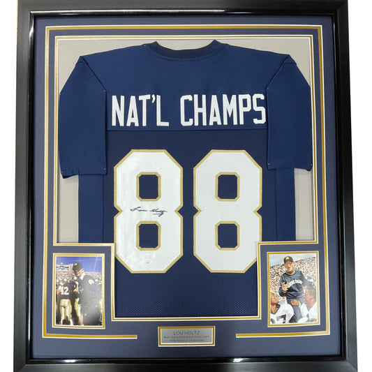 Framed Autographed/Signed Lou Holtz 35x39 Notre Dame Blue College Football Jersey JSA COA