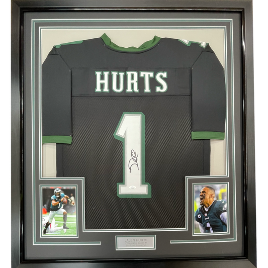 Framed Autographed/Signed Jalen Hurts 35x39 #1 Philadelphia Black Football Jersey JSA COA