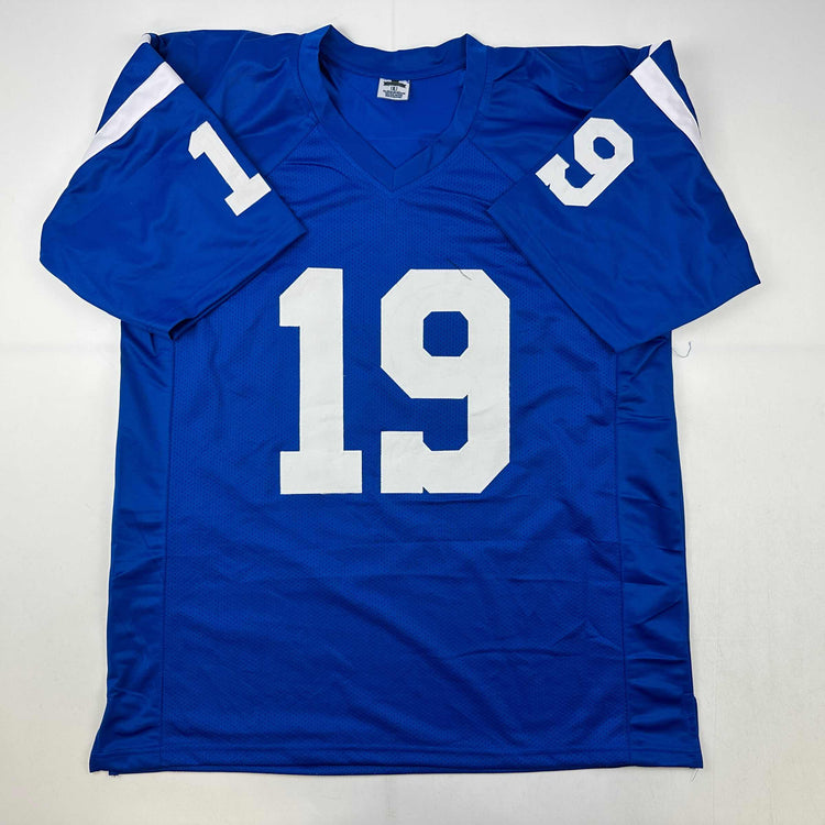 Facsimile Autographed Johnny Unitas Indianapolis Baltimore Blue Reprint Laser Auto Football Jersey Size Men's XL