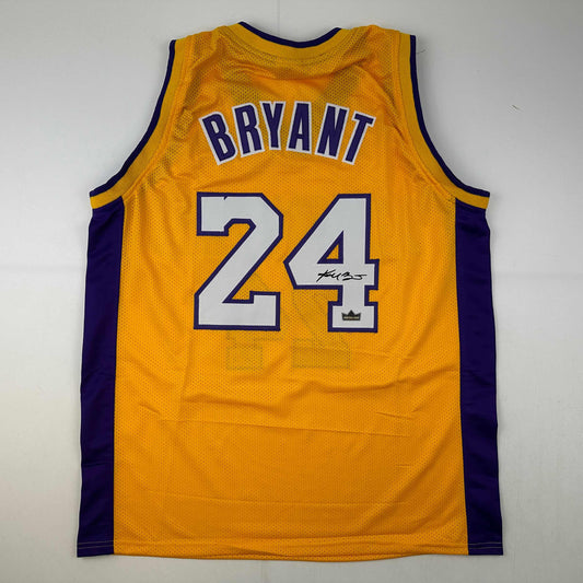 Facsimile Autographed Kobe Bryant #24 Los Angeles LA Yellow Reprint Laser Auto Basketball Jersey Size Men's XL
