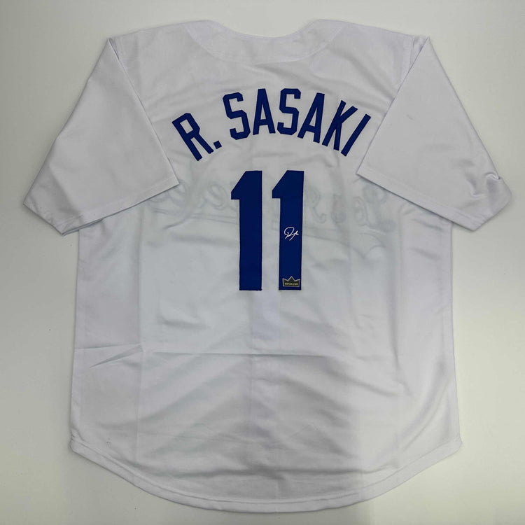 Facsimile Autographed Roki Sasaki Los Angeles LA White Reprint Laser Auto Baseball Jersey Size Men's XL