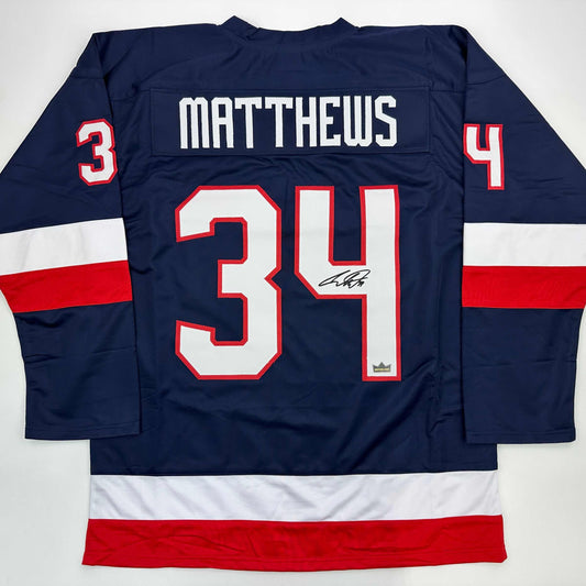 Facsimile Autographed Auston Matthews United States USA Blue 2025 4 Nations Face-Off Reprint Laser Auto Hockey Jersey Size Men's XL