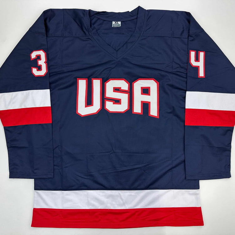 Facsimile Autographed Auston Matthews United States USA Blue 2025 4 Nations Face-Off Reprint Laser Auto Hockey Jersey Size Men's XL