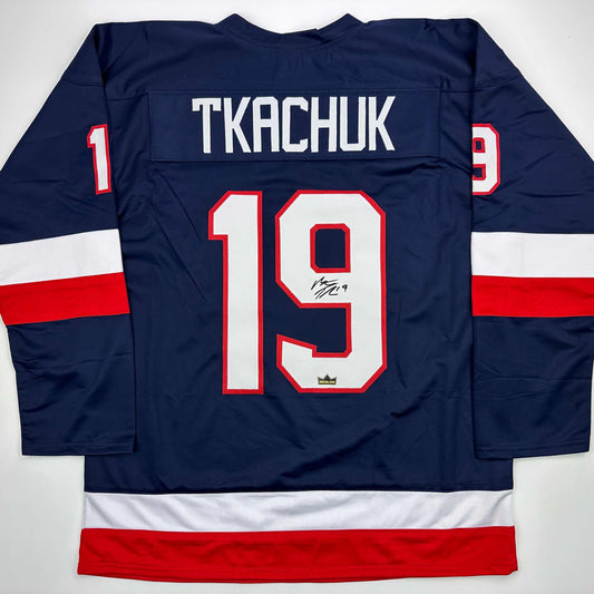 Facsimile Autographed Matthew Tkachuk United States USA Blue 2025 4 Nations Face-Off Reprint Laser Auto Hockey Jersey Size Men's XL