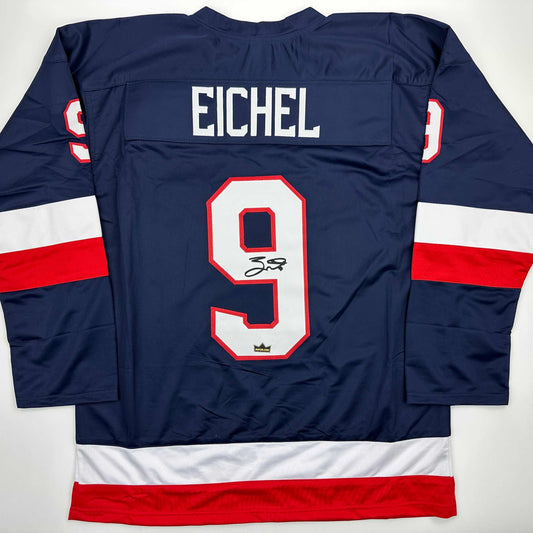 Facsimile Autographed Jack Eichel United States USA Blue 2025 4 Nations Face-Off Reprint Laser Auto Hockey Jersey Size Men's XL