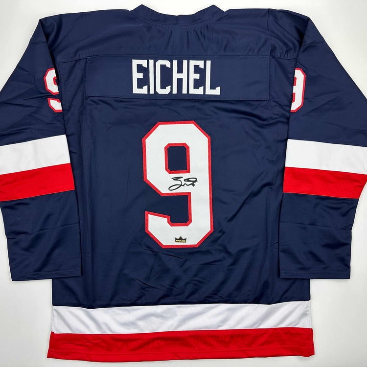 Facsimile Autographed Jack Eichel United States USA Blue 2025 4 Nations Face-Off Reprint Laser Auto Hockey Jersey Size Men's XL