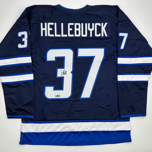 Facsimile Autographed Connor Hellebuyck Winnipeg Blue Reprint Laser Auto Hockey Jersey Size Men's XL