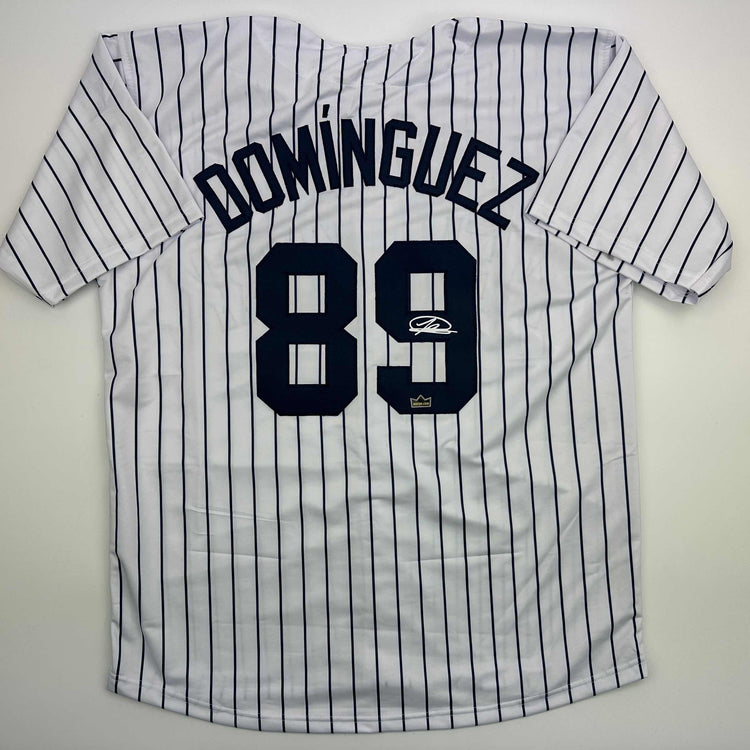 Facsimile Autographed Jasson Dominguez New York Pinstripe Reprint Laser Auto Baseball Jersey Size Men's XL