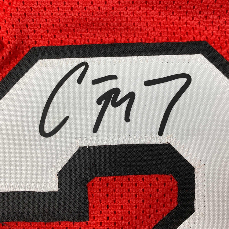 Facsimile Autographed Christian McCaffrey San Francisco Red Alternate Reprint Laser Auto Football Jersey Size Men's XL