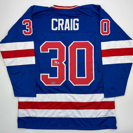 Facsimile Autographed Jim Craig United States USA Blue 1980 Miracle on Ice Reprint Laser Auto Hockey Jersey Size Men's XL