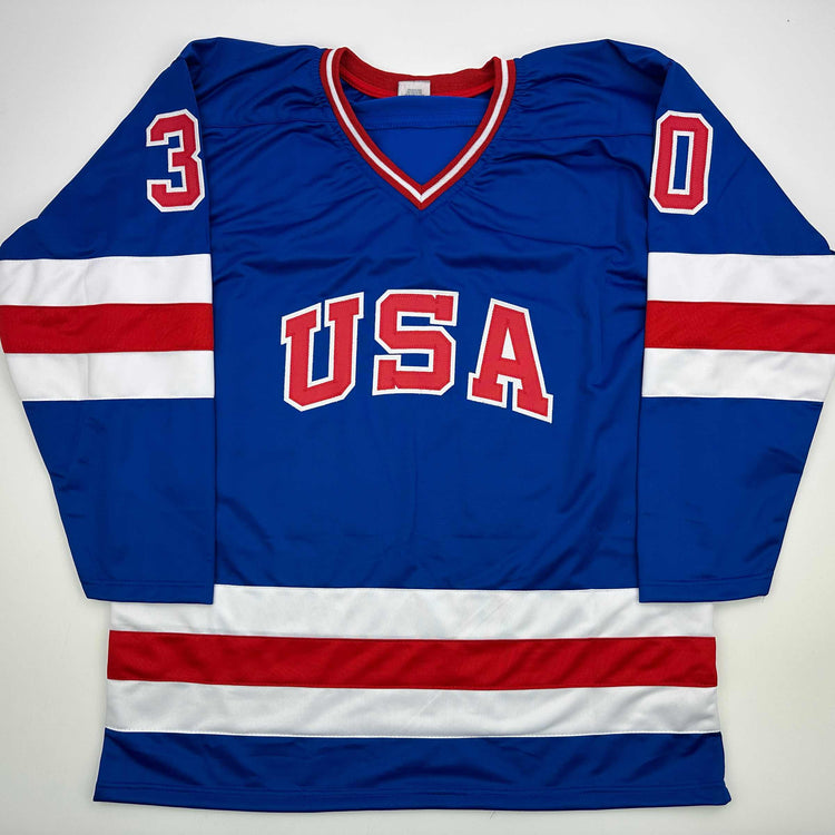 Facsimile Autographed Jim Craig United States USA Blue 1980 Miracle on Ice Reprint Laser Auto Hockey Jersey Size Men's XL