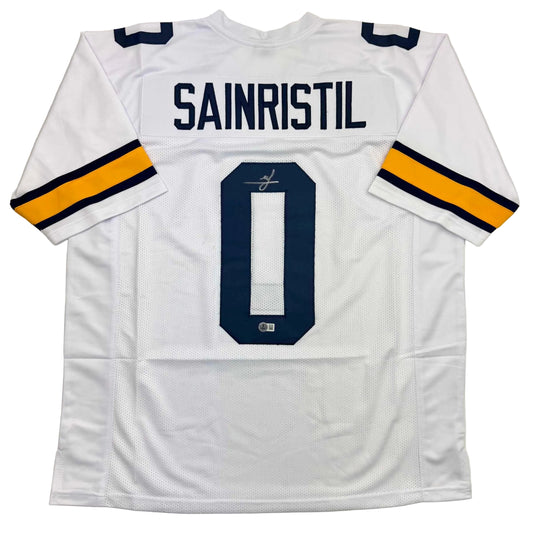 Autographed/Signed Mike Sainristil Michigan White College Football Jersey Beckett BAS COA