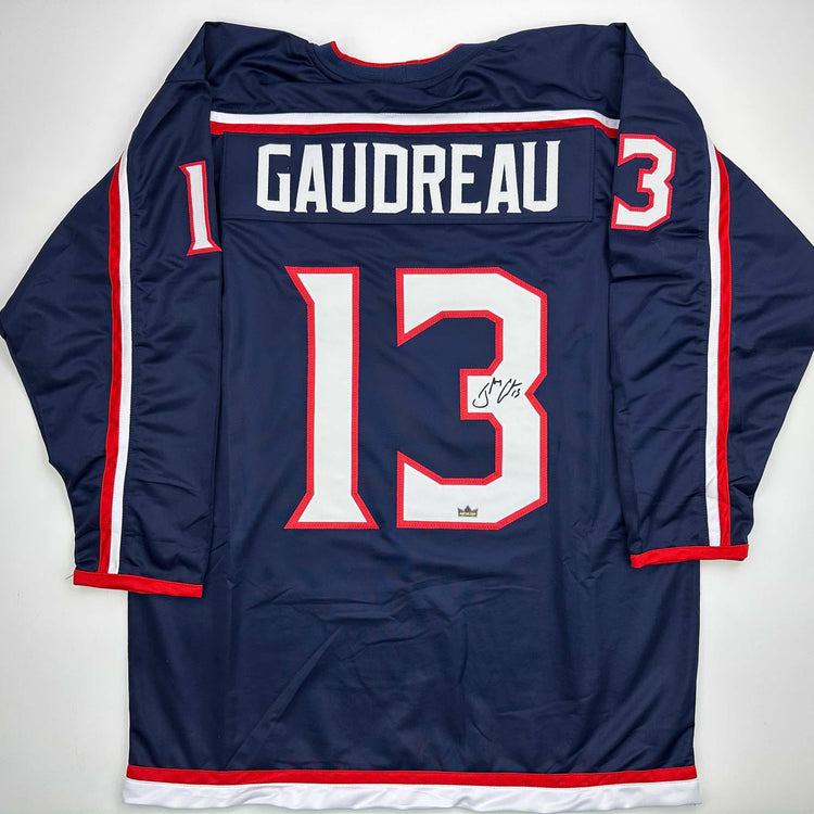 Facsimile Autographed Johnny Gaudreau Columbus Blue Reprint Laser Auto Hockey Jersey Size Men's XL