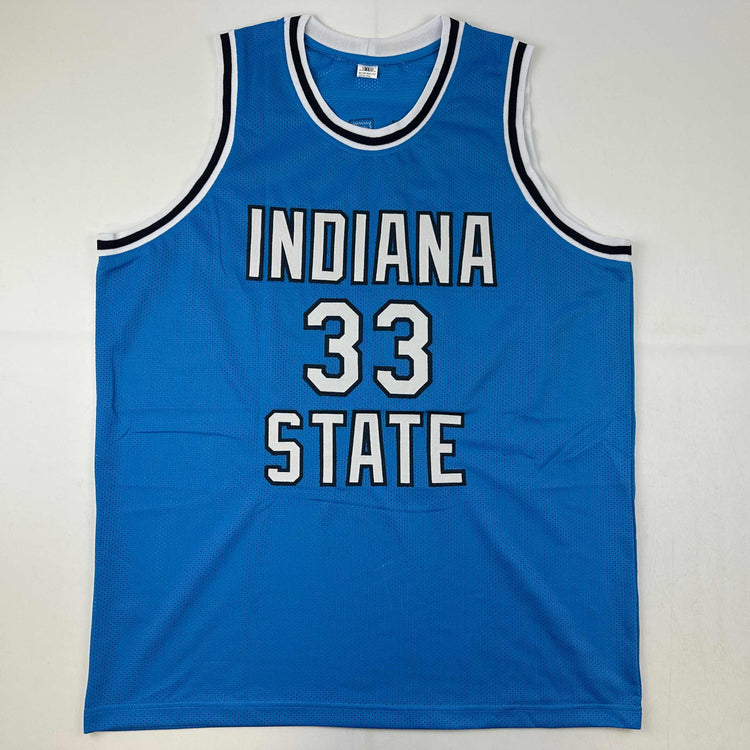 Autographed/Signed Larry Bird Indiana State Blue College Basketball Jersey JSA COA