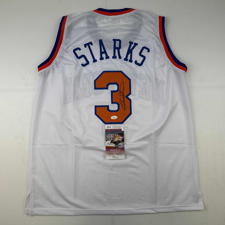 Autographed/Signed John Starks New York White Basketball Jersey JSA COA