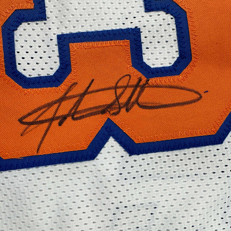 Autographed/Signed John Starks New York White Basketball Jersey JSA COA