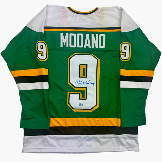 Autographed/Signed Mike Modano Minnesota Green Hockey Jersey Beckett BAS COA