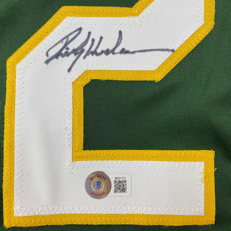 Autographed/Signed Rickey Henderson Oakland Green Baseball Jersey Beckett BAS COA