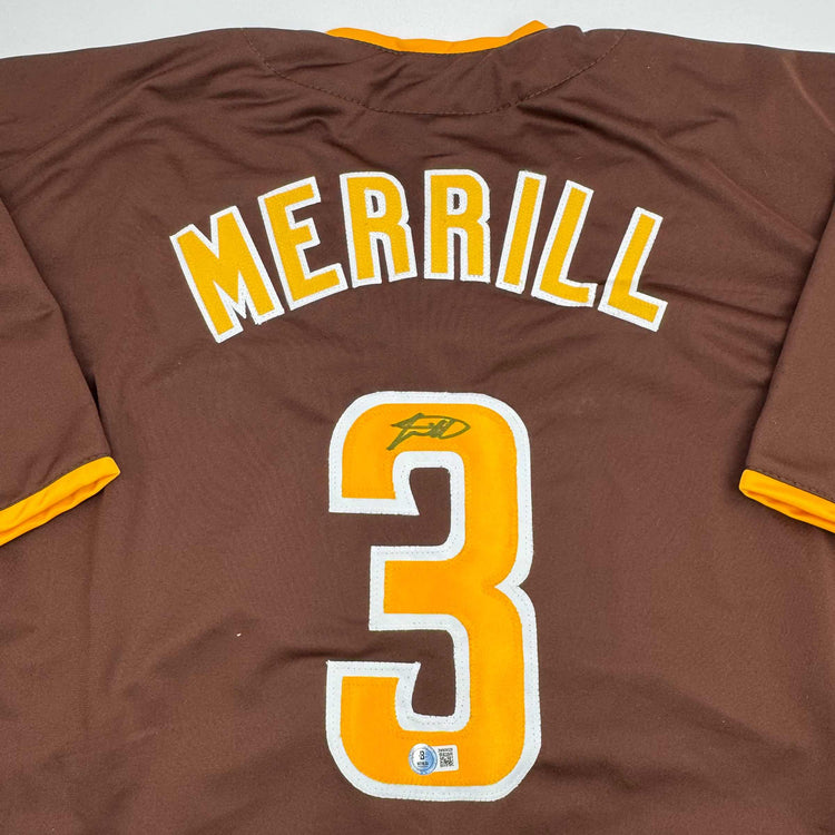 Autographed/Signed Jackson Merrill San Diego Brown Baseball Jersey Beckett BAS COA