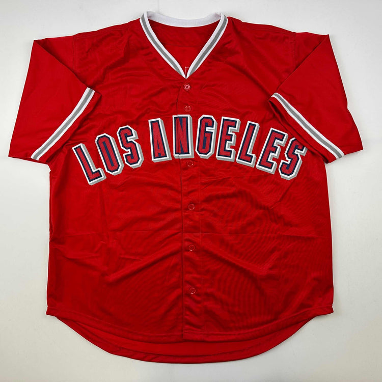 Facsimile Autographed Shohei Ohtani Los Angeles LA Anaheim Red Reprint Laser Auto Baseball Jersey Size Men's XL