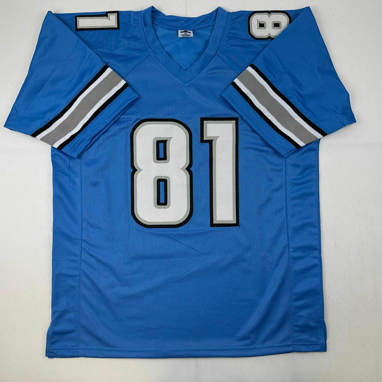 Facsimile Autographed Calvin Johnson Detroit Blue Reprint Laser Auto Football Jersey Size Men's XL
